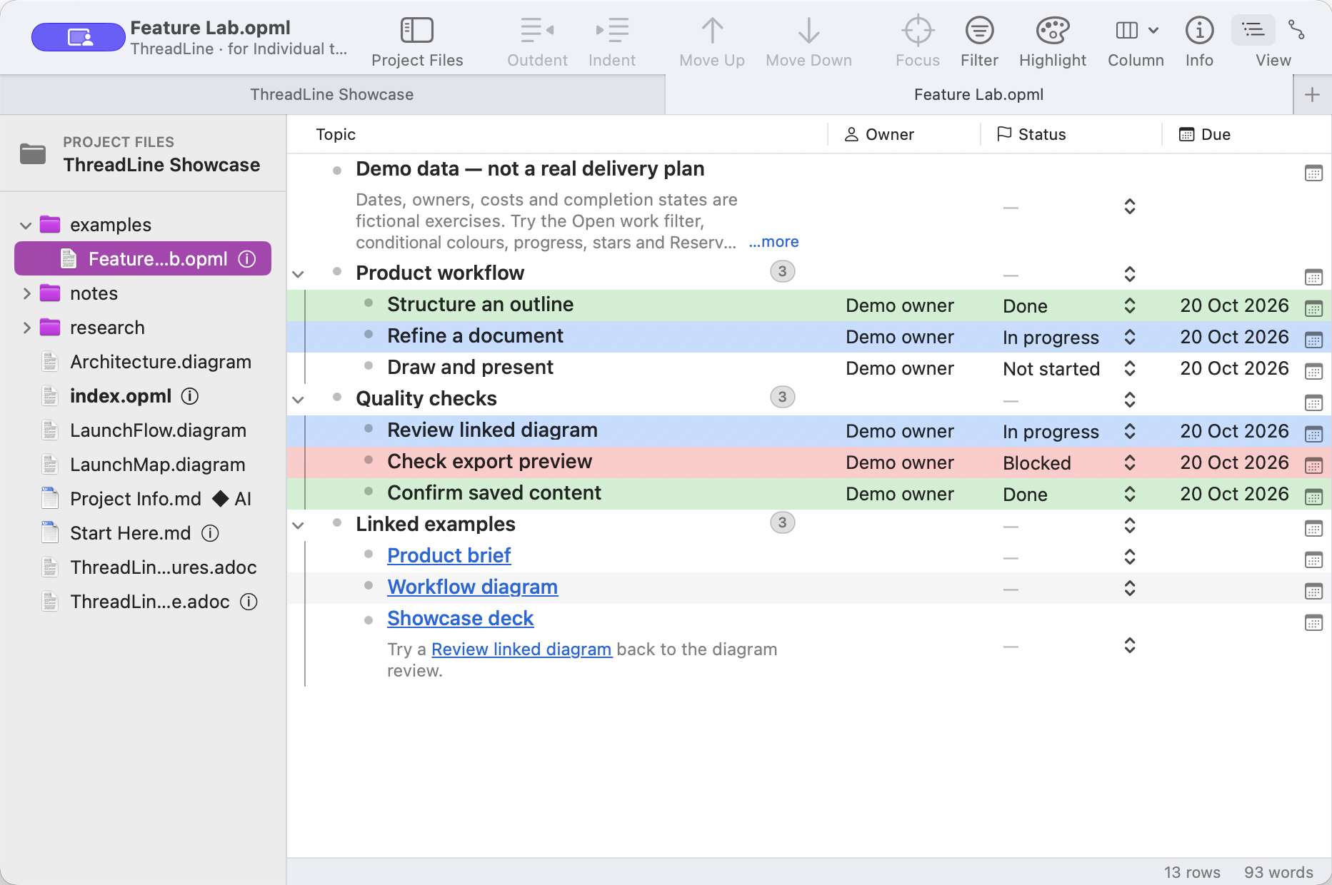 Nested outline rows with colorful status highlighting and linked example documents